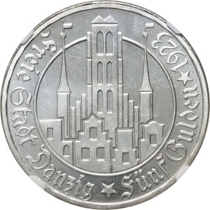 Freie Stadt Danzig, 5 guldenů 1923, Utrecht, kostel Panny Marie, zrcadlová známka (proof)