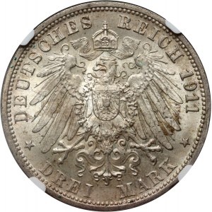 Allemagne, Württemberg, Guillaume II, 3 marks 1911 F, Stuttgart, Jubilé d'argent