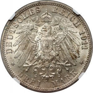 Germany, Wurttemberg, Wilhelm II, 3 Mark 1911 F, Stuttgart, Silver Wedding Anniversary