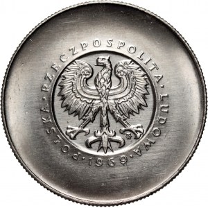 PRL, 10 zloty 1969, 25° Anniversario della Repubblica Popolare di Polonia, PRÓBA, nichel, senza monogramma JJ al rovescio