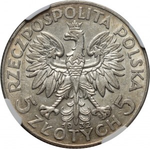 II RP, 5 zloty 1932 con marchio della zecca, Varsavia, testa di donna