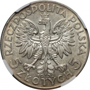 II RP, 5 zlotys 1932 avec marque d'atelier, Varsovie, tête de femme