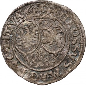 Stefan Batory, penny 1580, Vilnius, Aquila e Pogo nello scudo, trifoglio al rovescio