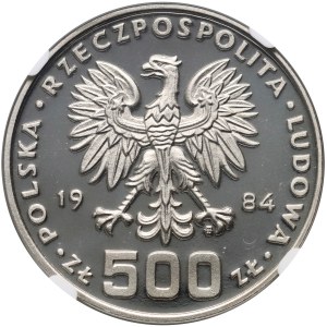 Poľská ľudová republika, 500 zlotých 1984, labute, vzorka, nikel
