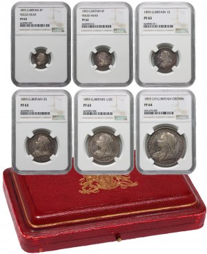 Wielka Brytania, Wiktoria, zestaw monet z 1893 roku wybitych stemplem lustrzanym, PROOF
