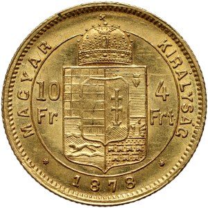 Ungheria, Francesco Giuseppe I, 4 fiorini = 10 franchi 1878 KB, Kremnica