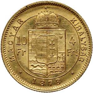 Maďarsko, František Josef I., 4 forinty = 10 franků 1878 KB, Kremnica