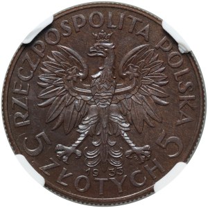 II RP, 5 zlatých 1933, Varšava, Hlava ženy, PRÓBA, bronz