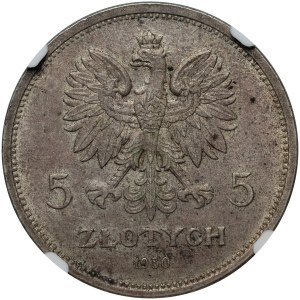 II RP, 5 Zloty 1930, Warschau, Banner, STEMPEL