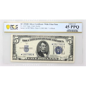 USA, 5 Dollars 1934 D, Silver Certificate, Wide I Star Note
