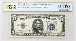 Stati Uniti d'America, 5 dollari 1934 D, certificato d'argento, nota a forma di stella larga I