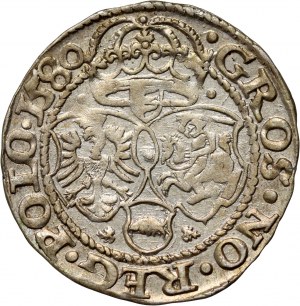 Stefan Batory, 1580 grosz, Olkusz, Glaubicz in the shield and the Batory coat of arms on the reverse side