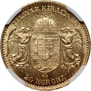 Hongrie, François-Joseph Ier, 20 couronnes 1905 KB, Kremnica