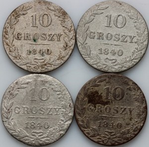 Zabór rosyjski, Mikołaj I, zestaw monet 10 groszy 1840 MW, Warszawa (4 sztuki)