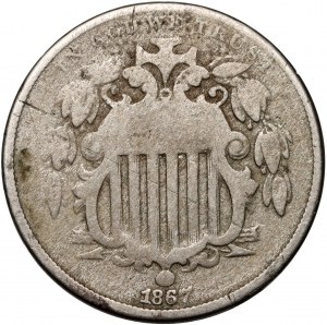 Spojené státy americké, 5 centů 1867, štít, bez paprsků