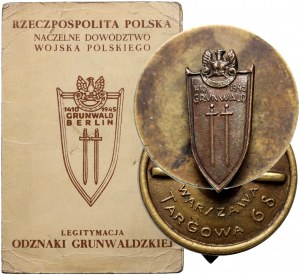 Polska, PRL, miniaturka odznaki Tarcza Grvnwaldu 1410-1945, wyk. St. Ziemski + legitymacja