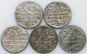 Zygmunt III Waza, zestaw trojaków z lat 1620-1624 (5 sztuk)