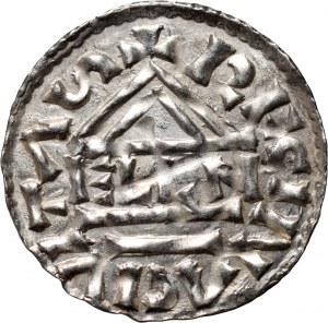 Germania, Baviera, Enrico II il cavatore 985-995, denario, Regensburg, ELLN minster