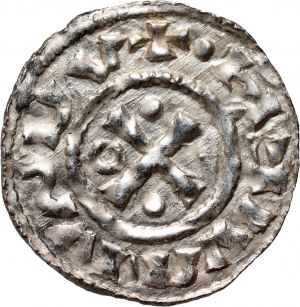 Německo, Bavorsko, Jindřich II. loupežník 985-995, denár, Regensburg, mincovna MAO