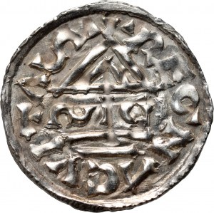 Německo, Bavorsko, Jindřich II. lomeno 985-995, denár, Regensburg, mincovna SIC