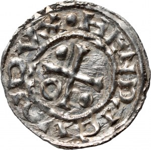 Německo, Bavorsko, Jindřich II. lomeno 985-995, denár, Regensburg, mincovna SIC