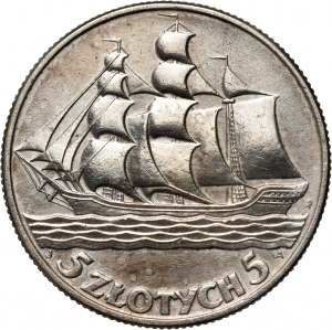 II RP, 5 zlotých 1936, Varšava, plachetnice