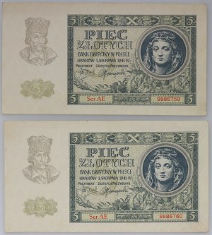Všeobecná vláda, sada 2 x 5 zlatých 1.08.1941, séria AE, priľahlé čísla