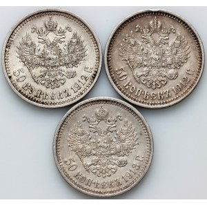 Russie, Nicolas II, série de pièces de 50 kopecks (3 pièces) de 1912-1913