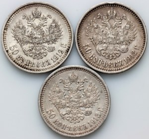Rusko, Mikuláš II., sada mincí 50 kopějek (3 kusy) z let 1912-1913