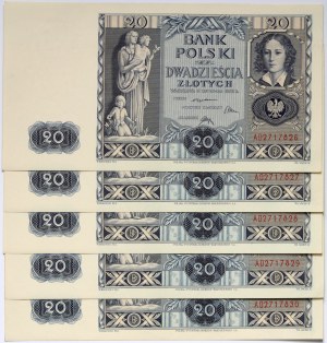 II RP, serie di 5 x 20 zloty 11.11.1936, serie AD, numeri adiacenti