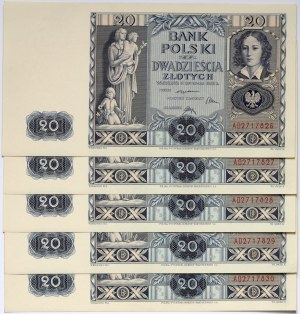 II RP, sada 5 x 20 zlotých 11.11.1936, séria AD, susedné čísla