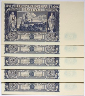 II RP, Satz von 5 x 20 Zloty 11.11.1936, Serie AD, nebenstehende Nummern