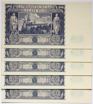 II RP, zestaw 5 x 20 złotych 11.11.1936, seria AD, sąsiadujące numery