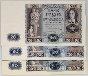 II RP, Satz von 3 x 20 Zloty 11.11.1936, Serie AS, BŁ, CJ