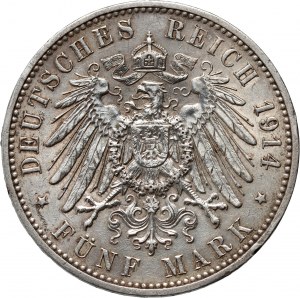Německo, Sasko, Frederick August III, 5 značek 1914 E, Muldenhütten