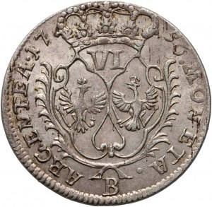 La Silésie sous la domination prussienne, Frédéric II, six pence 1756 B, Wrocław