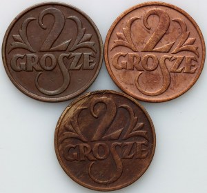 II RP, zestaw monet 2 grosze z lat 1927-1931, (3 sztuki)