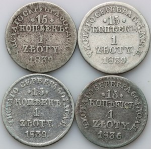 Ruské delenie, Mikuláš I., sada 15 kopejok = 1 zlotý z rokov 1836-1839 (4 kusy)
