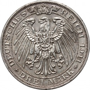 Německo, Prusko, Wilhelm II, 3 marky 1911 A, Berlín, Vratislavská univerzita