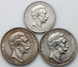 Niemcy, Prusy, Wilhelm II, zestaw monet z lat 1905-1911 (3 sztuki)