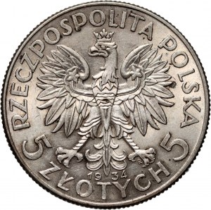 II RP, 5 Zloty 1934, Warschau, Kopf einer Frau