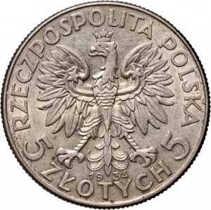 II RP, 5 Zloty 1934, Warschau, Kopf einer Frau