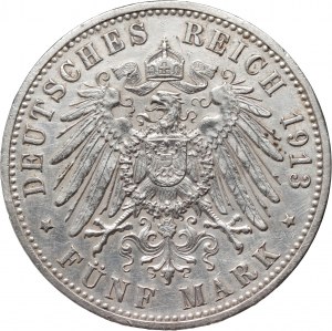 Německo, Prusko, Wilhelm II, 5 značek 1913 A, Berlín, 25. výročí vlády