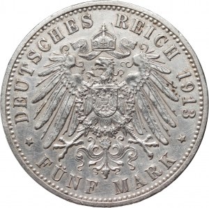 Allemagne, Prusse, Guillaume II, 5 marks 1913 A, Berlin, 25e anniversaire du règne