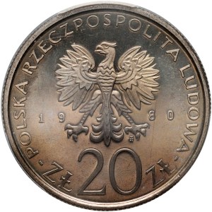 Poľská ľudová republika, 20 zlatých 1980, Hry XXII. olympiády, zrkadlová známka (PROOF)