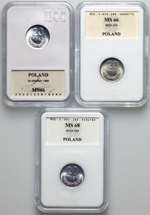 PRL, set di 20 groszy dal 1963 al 1985 (3 pezzi)