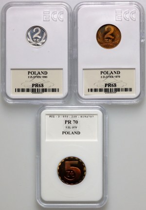 PRL / III RP, série de pièces 1979-1990 (3 pièces), timbre miroir