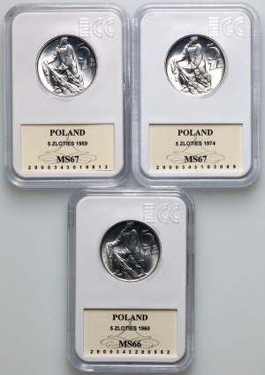 Volksrepublik Polen, Satz von 5 Goldmünzen 1959-1974, Fischer, (3 Stück)