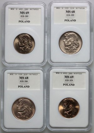 Volksrepublik Polen, Satz von 10 Goldstücken 1959-1970 (4 Stück)