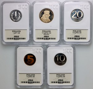 PRL, zestaw monet z 1986 roku (5 sztuk), stempel lustrzany